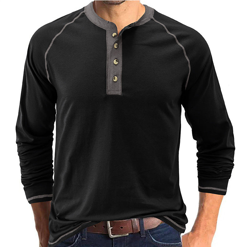 Playera Henley Manga Larga para Hombre de Algodón en color negro