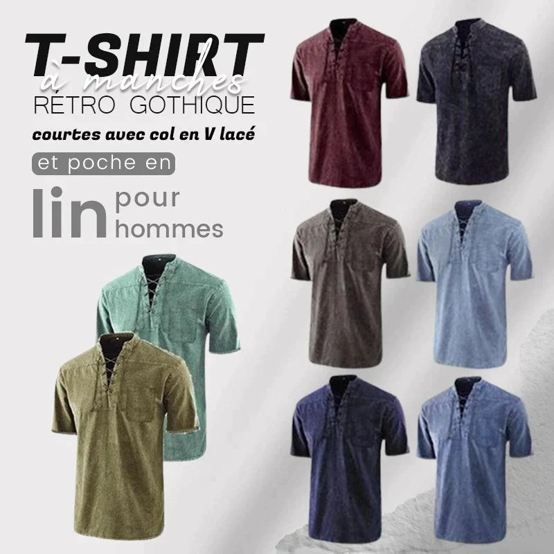 Playera de Lino Cuello V con Cordones para Hombre