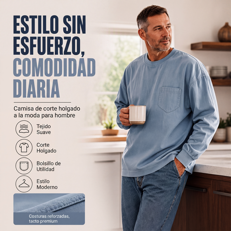 Playera Manga Larga Holgada para Hombre con Bolsillo