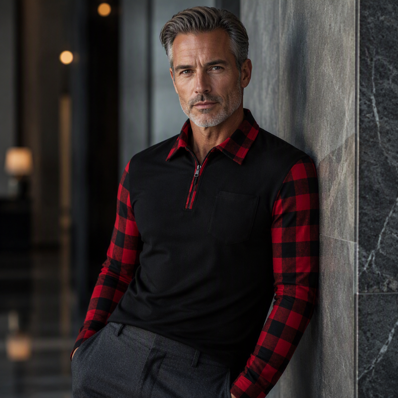 Polo Manga Larga para Hombre con Media Cremallera y Mangas a Cuadros - vista 6