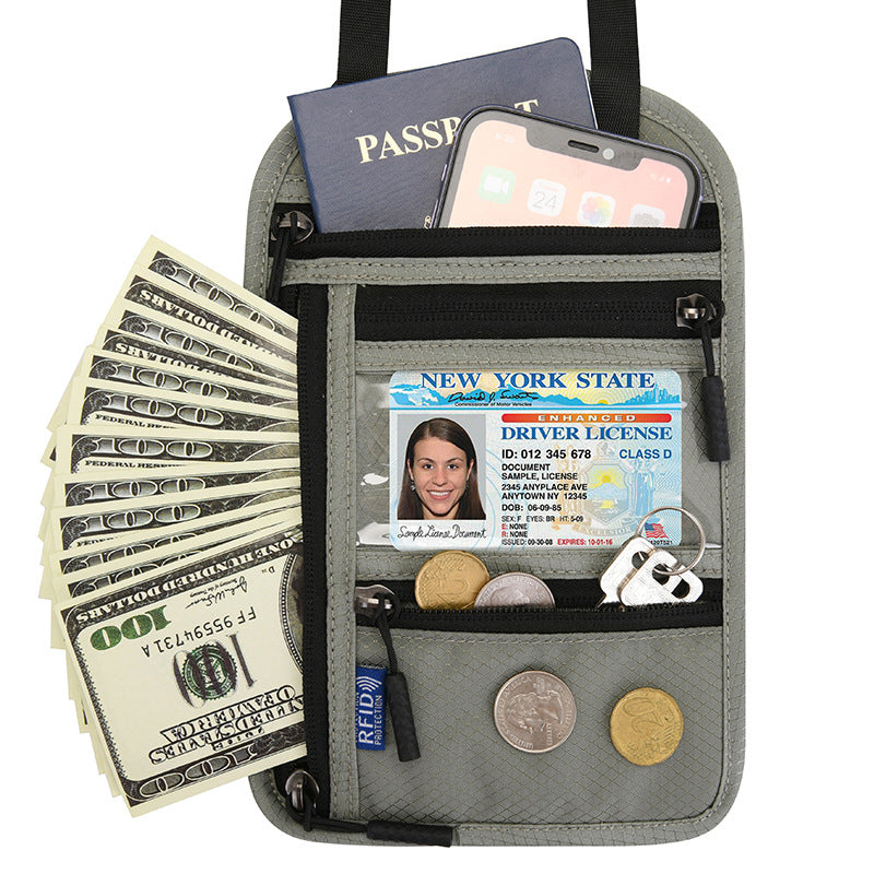 Porta Pasaporte de Cuello con Bloqueo RFID en color gris claro