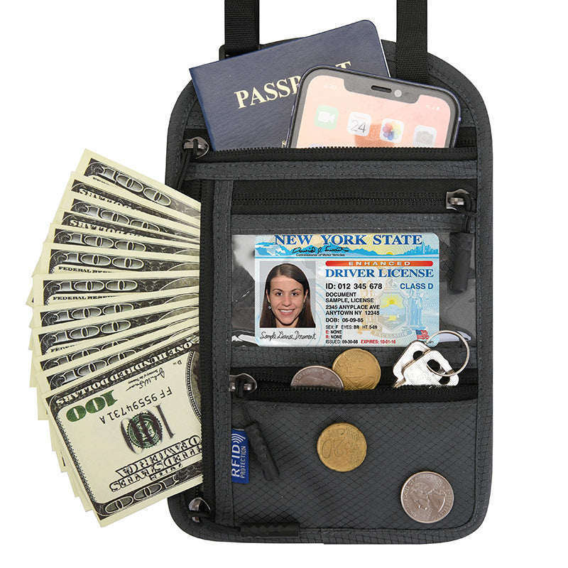 Porta Pasaporte de Cuello con Bloqueo RFID en color gris profundo