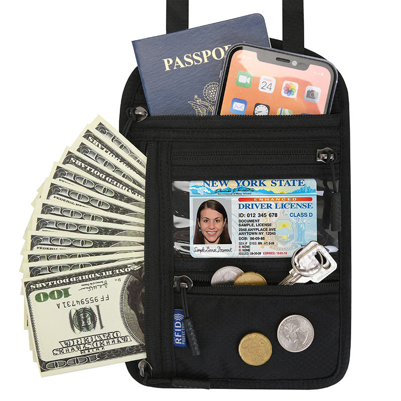 Porta Pasaporte de Cuello con Bloqueo RFID en color negro