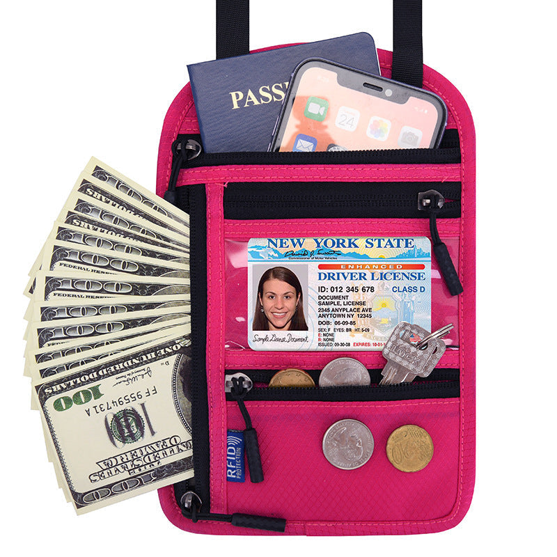 Porta Pasaporte de Cuello con Bloqueo RFID en color rosa