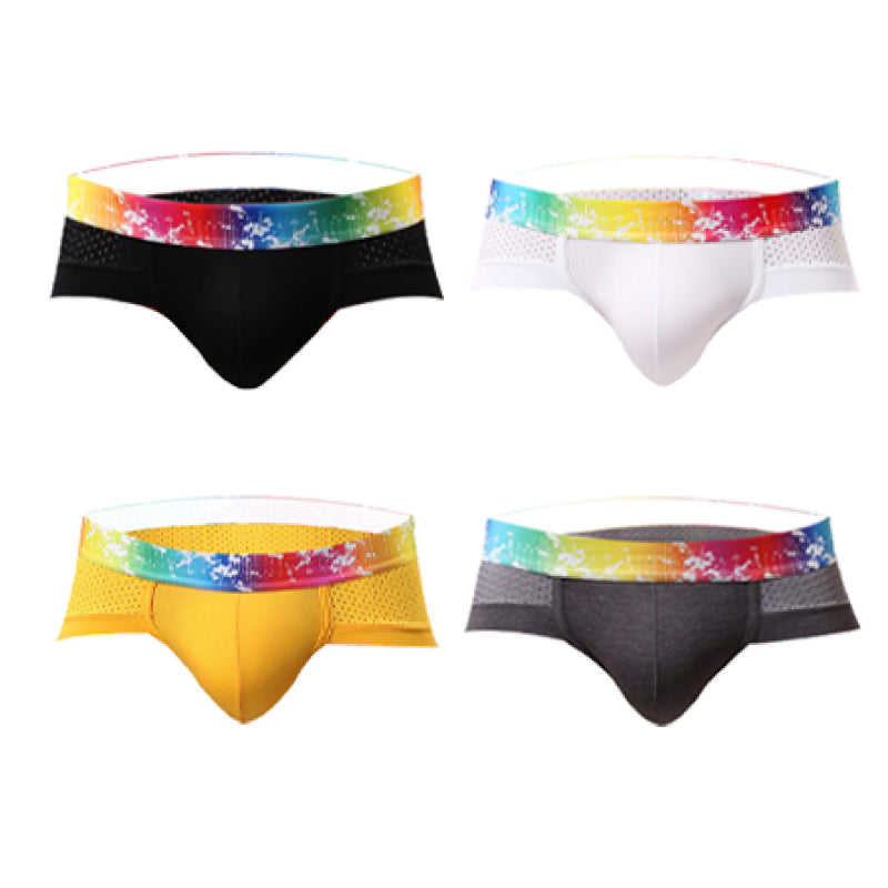 Slips de Malla para Hombre Talle Bajo con Ribete de Color en color paquete: negro, blanco, amarillo y gris oscuro (4 piezas)