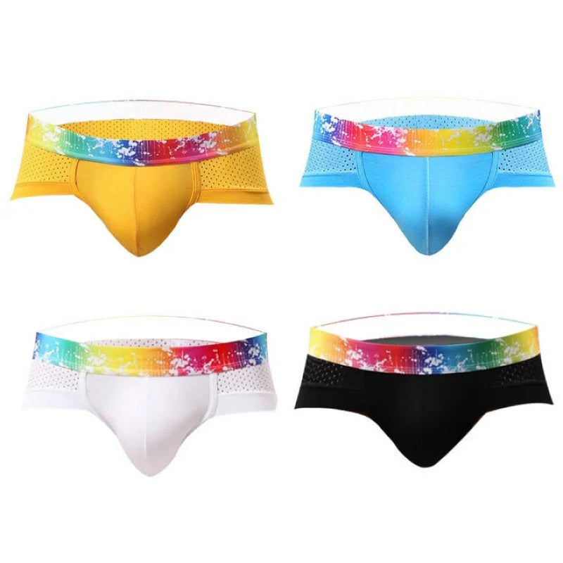 Slips de Malla para Hombre Talle Bajo con Ribete de Color en color paquete: negro, blanco, azul y amarillo (4 piezas)