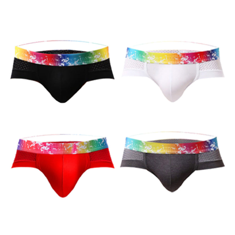 Slips de Malla para Hombre Talle Bajo con Ribete de Color en color paquete: negro, blanco, gris oscuro y rojo (4 piezas)