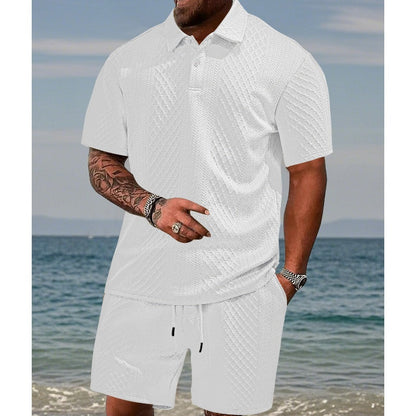 👕 Conjunto de 2 Piezas para Hombre – Jacquard Transpirable, Cuello Polo y Shorts con Cordón, Ideal para el Verano Casual ☀️🌿