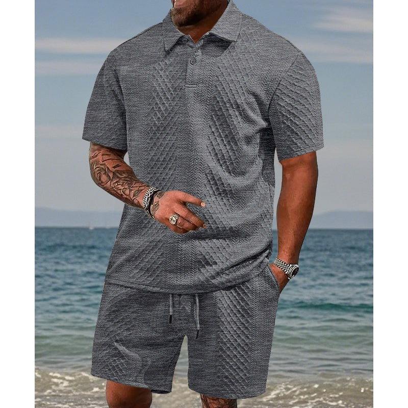 👕 Conjunto de 2 Piezas para Hombre – Jacquard Transpirable, Cuello Polo y Shorts con Cordón, Ideal para el Verano Casual ☀️🌿