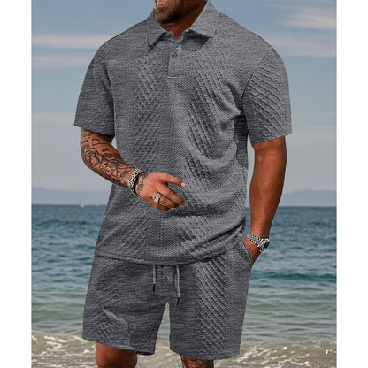 👕 Conjunto de 2 Piezas para Hombre – Jacquard Transpirable, Cuello Polo y Shorts con Cordón, Ideal para el Verano Casual ☀️🌿