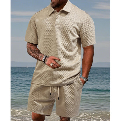 👕 Conjunto de 2 Piezas para Hombre – Jacquard Transpirable, Cuello Polo y Shorts con Cordón, Ideal para el Verano Casual ☀️🌿