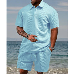👕 Conjunto de 2 Piezas para Hombre – Jacquard Transpirable, Cuello Polo y Shorts con Cordón, Ideal para el Verano Casual ☀️🌿