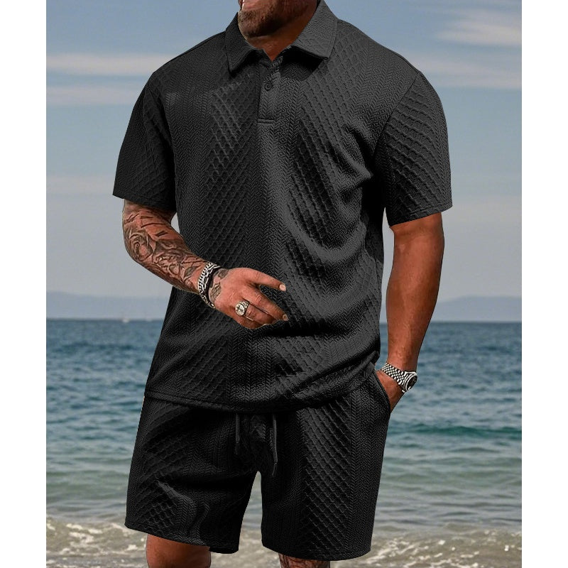 👕 Conjunto de 2 Piezas para Hombre – Jacquard Transpirable, Cuello Polo y Shorts con Cordón, Ideal para el Verano Casual ☀️🌿