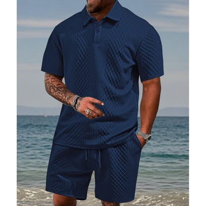 👕 Conjunto de 2 Piezas para Hombre – Jacquard Transpirable, Cuello Polo y Shorts con Cordón, Ideal para el Verano Casual ☀️🌿