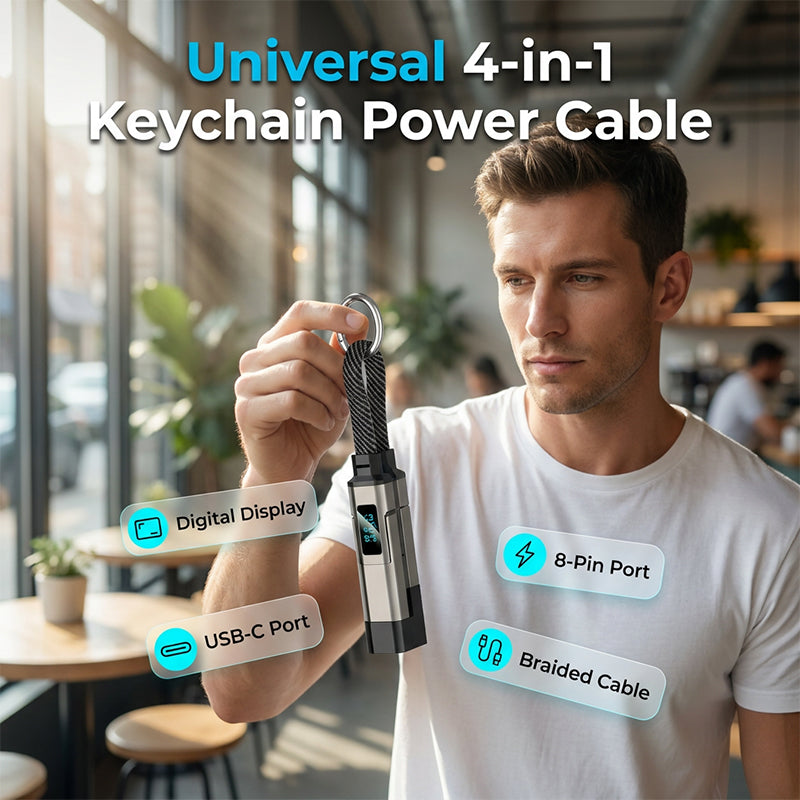 🔥OFERTA ESPECIAL 50% DE DESCUENTO🔥🔌 Cable de carga 4 en 1 con pantalla digital y llavero: carga rápida, resistente a las torceduras y compacto.