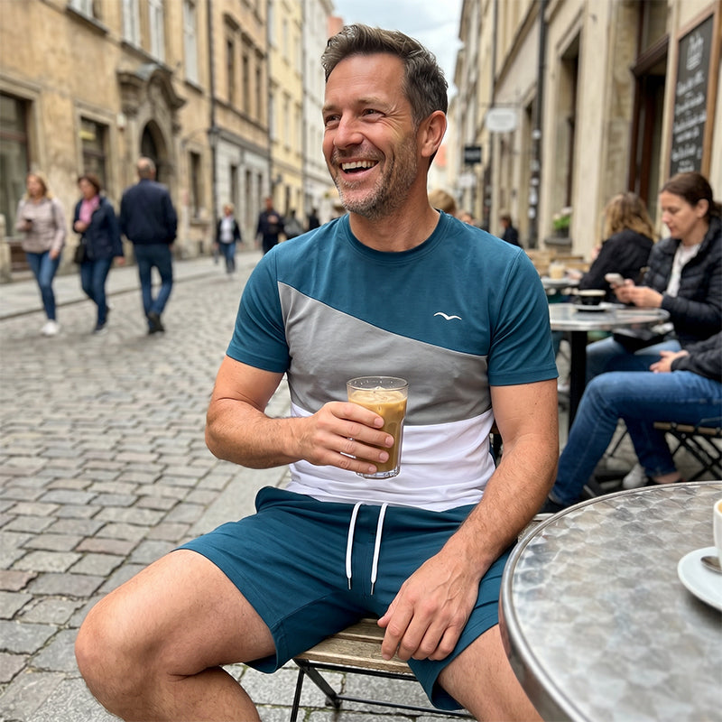 👕 ¡50% DTO. AHORA! 🎨 Conjunto de Camiseta y Shorts de Bloques de Color para Hombre – Algodón suave y transpirable – Perfecto para verano, deporte o descanso – Elegante y cómodo 🩳✨