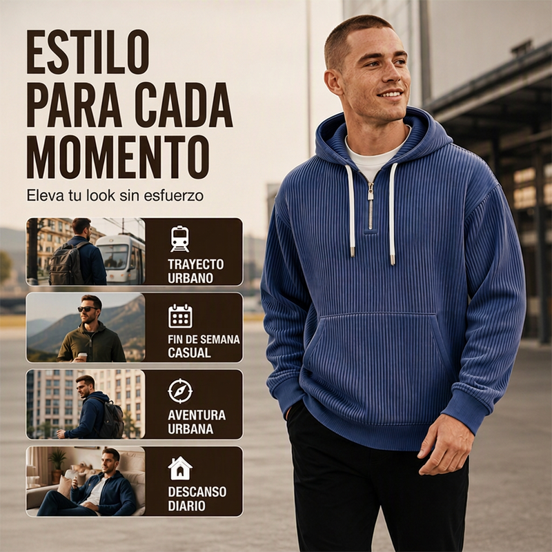 ⏰🔥 ¡OFERTA 50% OFF! 🧥❄️Sudadera con capucha de pana con media cremallera para hombre, estilo casual