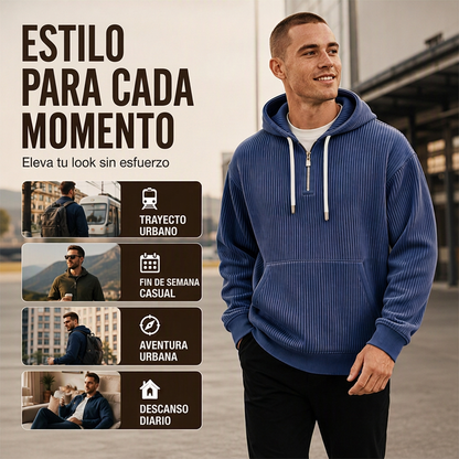 ⏰🔥 ¡OFERTA 50% OFF! 🧥❄️Sudadera con capucha de pana con media cremallera para hombre, estilo casual