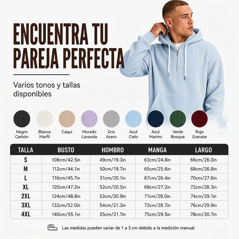 ⏰🔥 ¡OFERTA 50% OFF! 🧥❄️Sudadera con capucha de pana con media cremallera para hombre, estilo casual