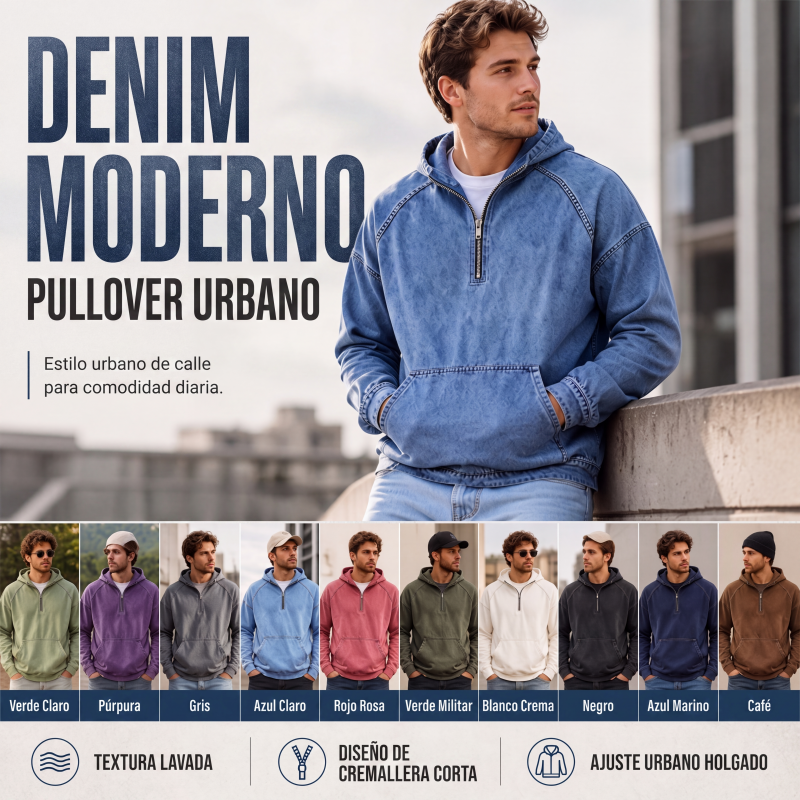 Sudadera con Capucha y Media Cremallera Efecto Mezclilla para Hombre