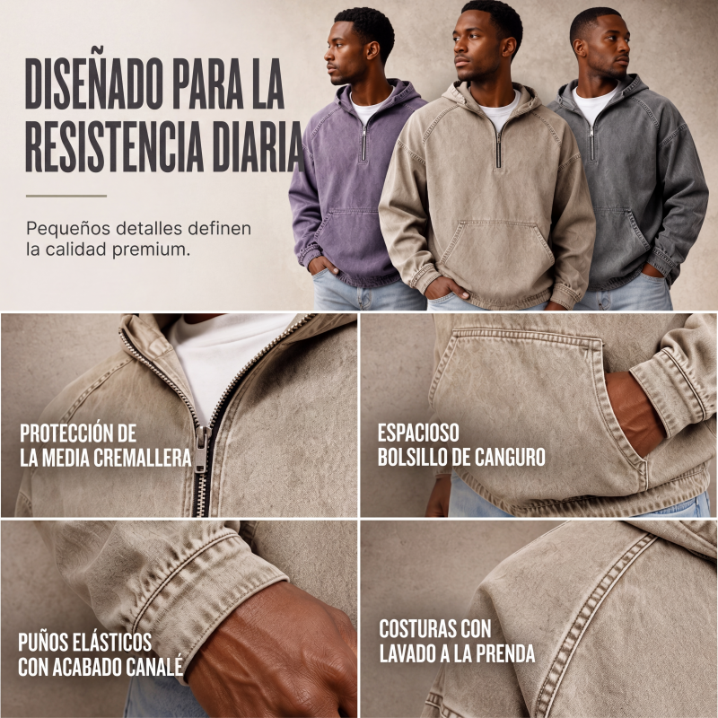Sudadera con Capucha y Media Cremallera Efecto Mezclilla para Hombre - vista 3