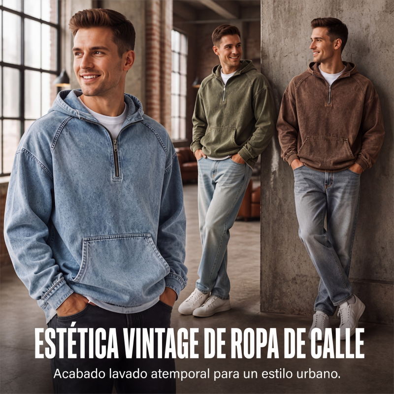 Sudadera con Capucha y Media Cremallera Efecto Mezclilla para Hombre - vista 4