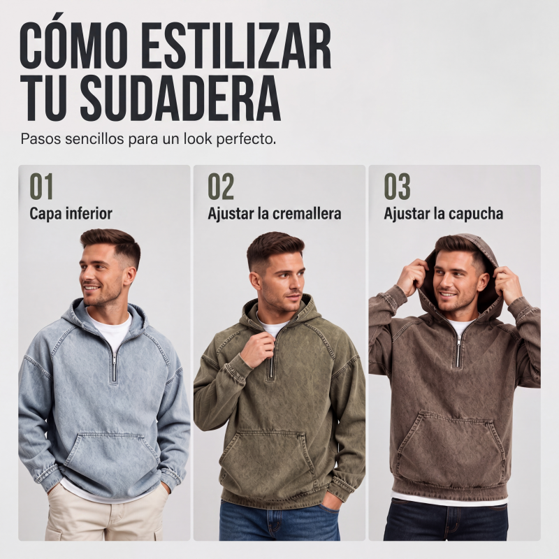 Sudadera con Capucha y Media Cremallera Efecto Mezclilla para Hombre - vista 6