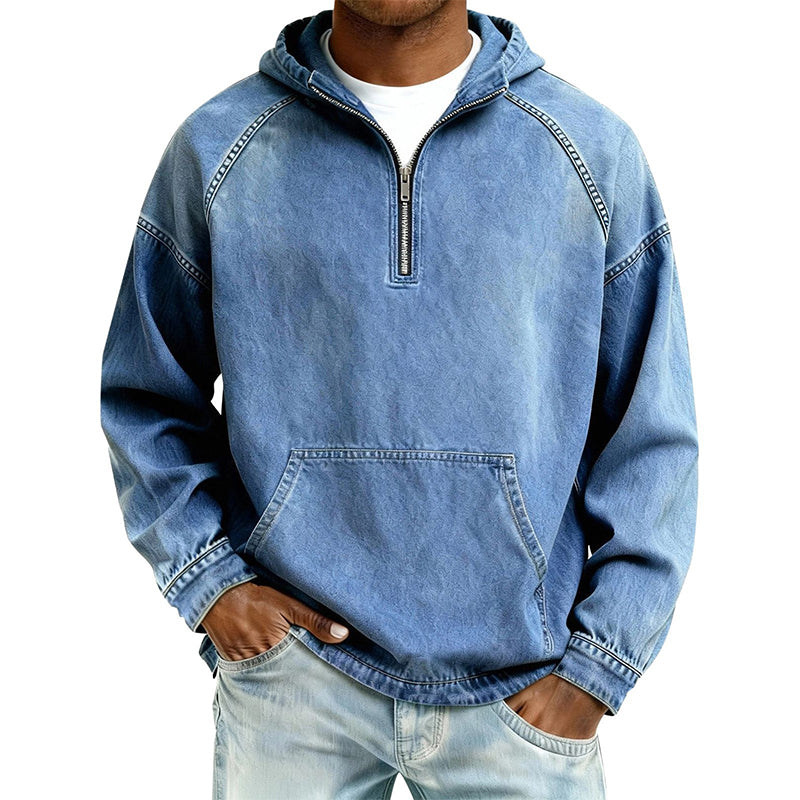 Sudadera con Capucha y Media Cremallera Efecto Mezclilla para Hombre en color azul claro