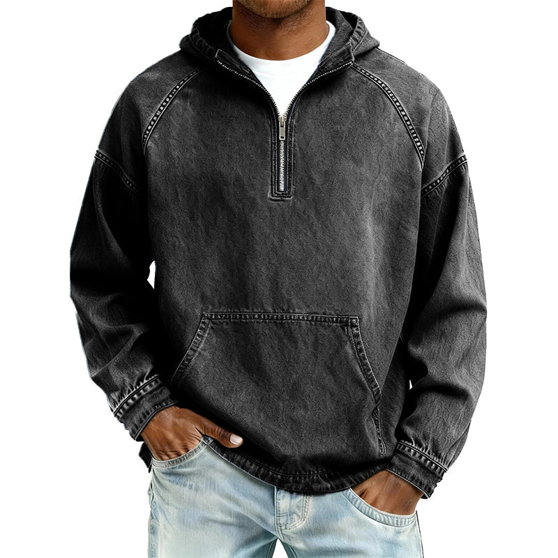 Sudadera con Capucha y Media Cremallera Efecto Mezclilla para Hombre en color negro