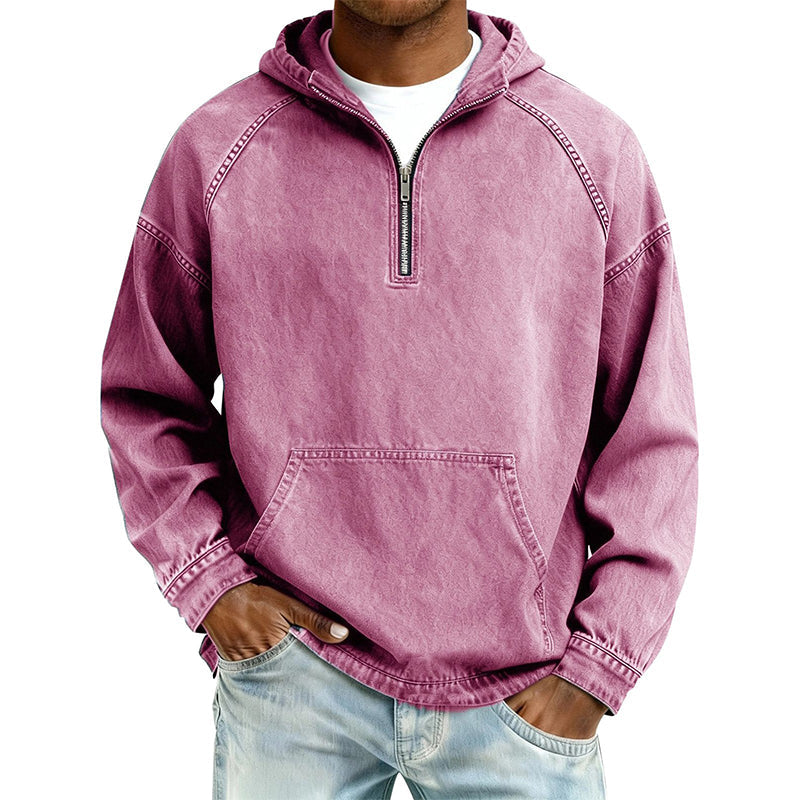 Sudadera con Capucha y Media Cremallera Efecto Mezclilla para Hombre en color rojo rosa