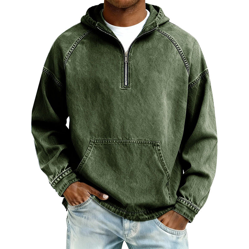 Sudadera con Capucha y Media Cremallera Efecto Mezclilla para Hombre en color verde militar