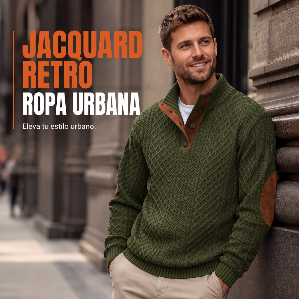 Sudadera Jacquard Retro para Hombre con Cuello Alto y Coderas