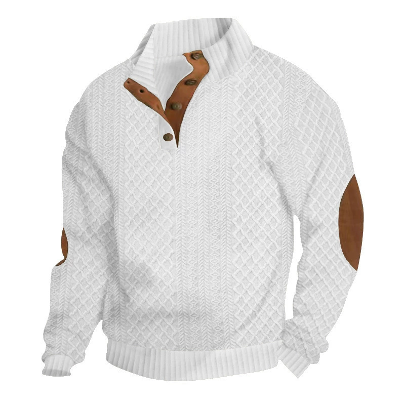 Sudadera Jacquard Retro para Hombre con Cuello Alto y Coderas en color blanco