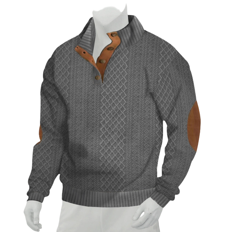 Sudadera Jacquard Retro para Hombre con Cuello Alto y Coderas en color gris oscuro