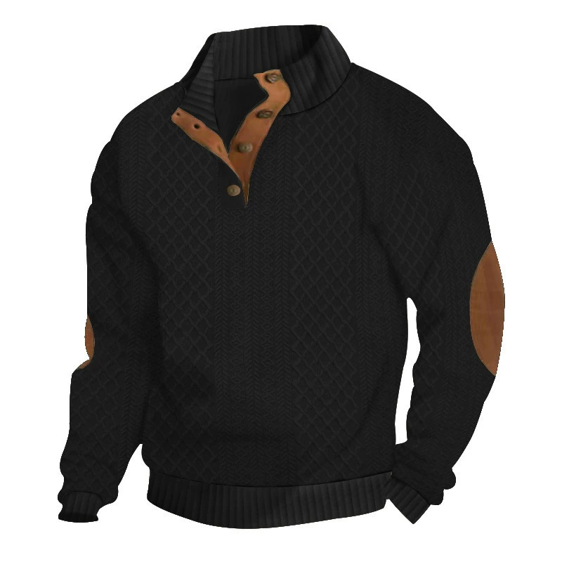 Sudadera Jacquard Retro para Hombre con Cuello Alto y Coderas en color negro