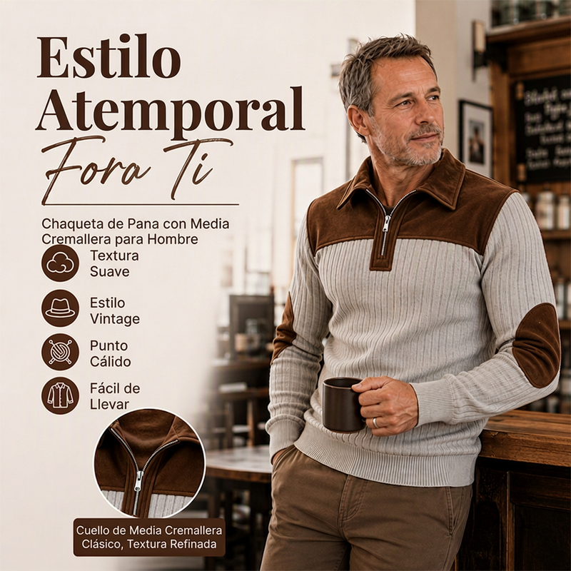 Suéter de Punto con Media Cremallera y Detalles de Pana para Hombre