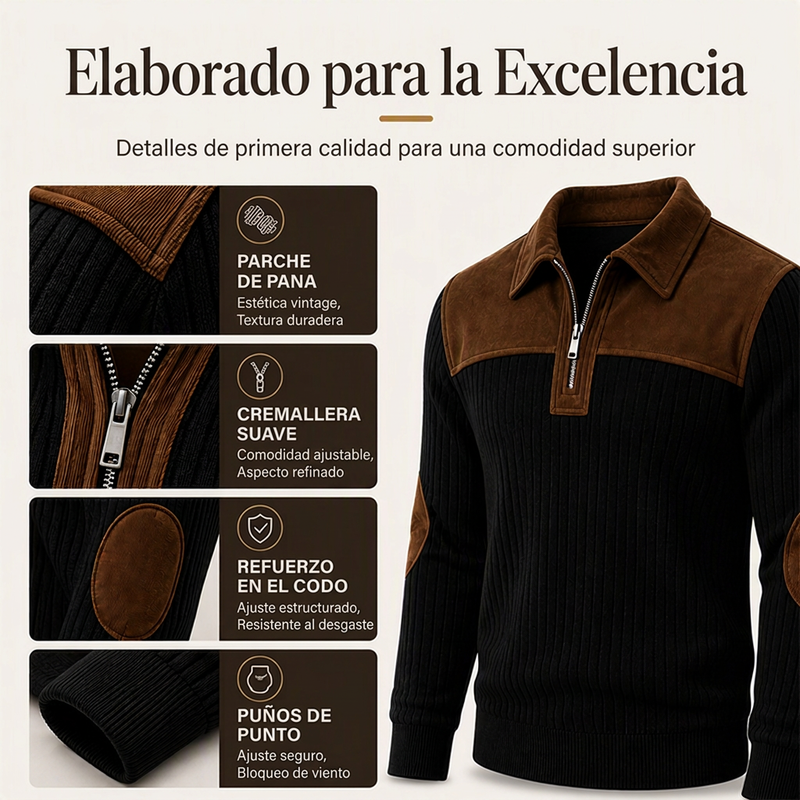Suéter de Punto con Media Cremallera y Detalles de Pana para Hombre - vista 2
