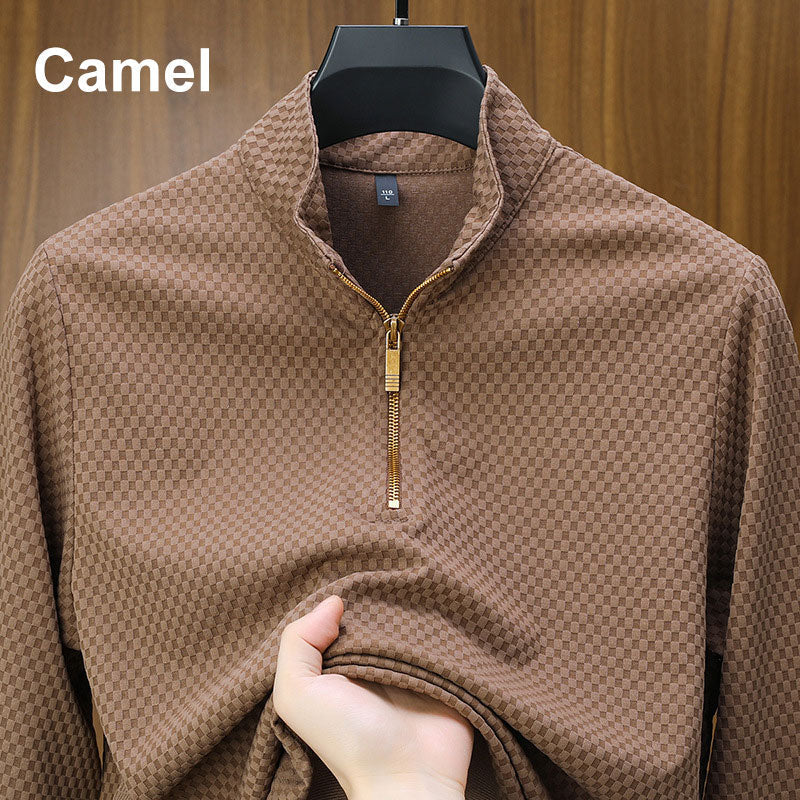 Suéter de Punto con Media Cremallera para Hombre Textura Cuadros en color marrón