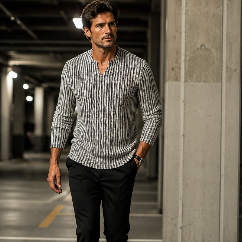 Suéter de Punto a Rayas para Hombre Cuello V Manga Larga - vista 2