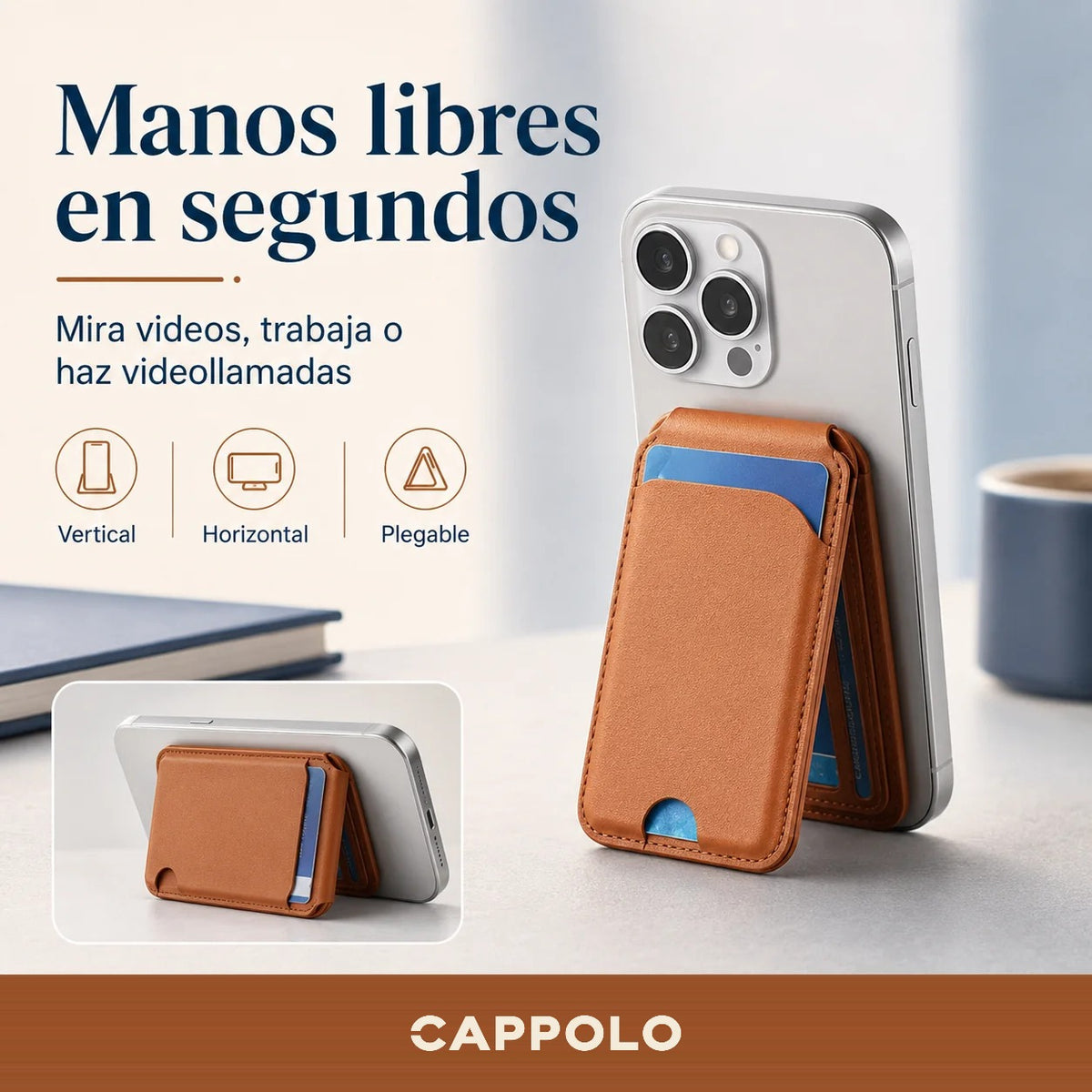 Tarjetero magnético Cappolo para celular con soporte plegable