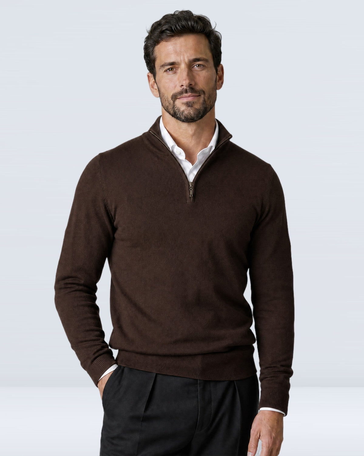 Suéter de Punto Fino para Hombre con Cuello Alto y Medio Cierre