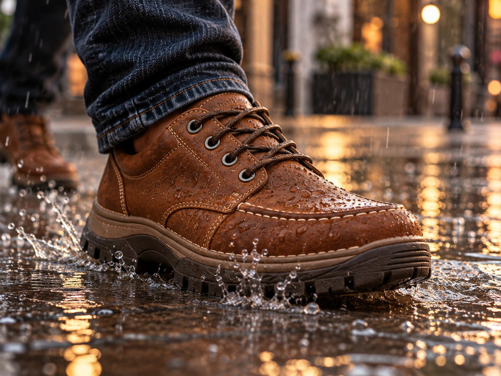 Zapato de cuero repelente al agua pisando un charco