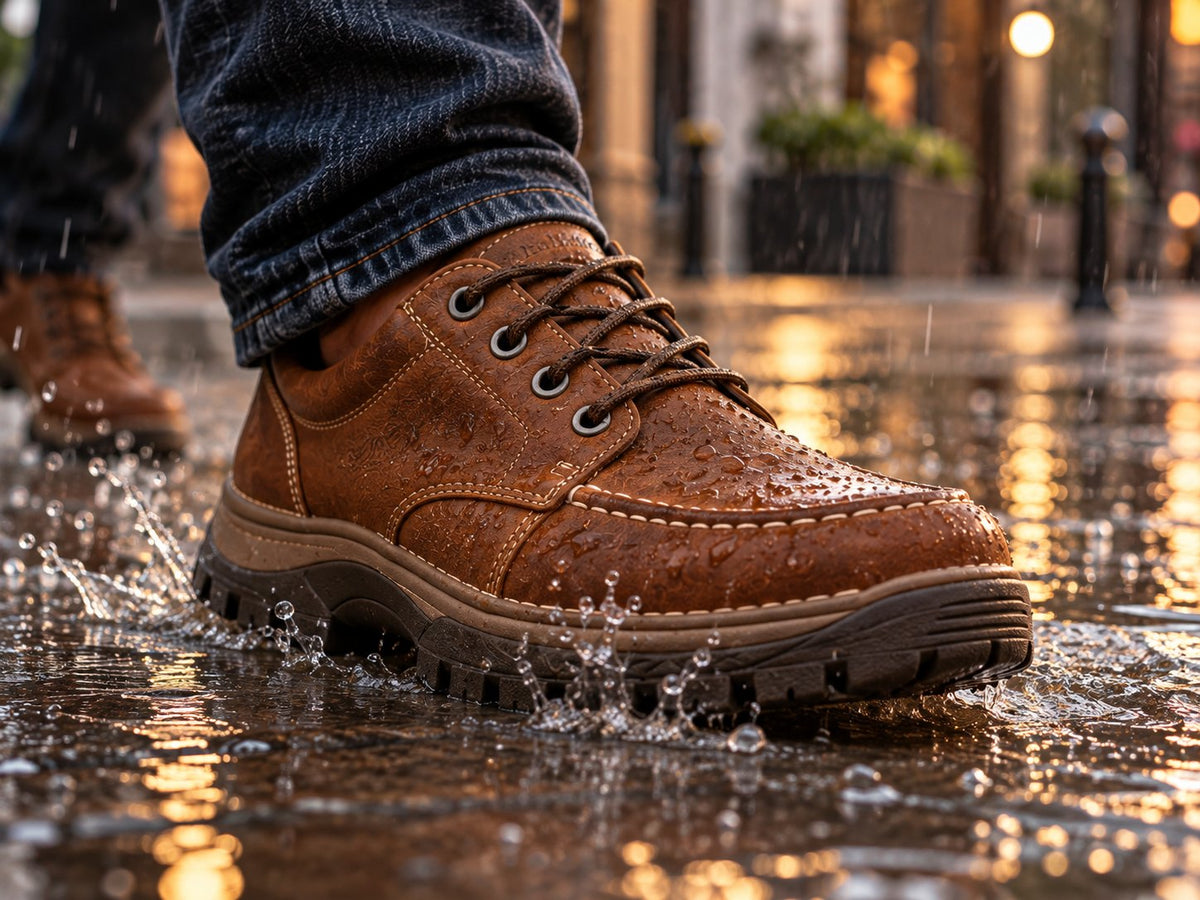 Zapato de cuero repelente al agua pisando un charco